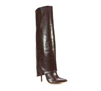 ESSEX GLAM Women's Foldover Knee High Boots Ladies Stiletto Pointed Toe Zip Brown Faux Leather Classic Party Long Shoes Size 5