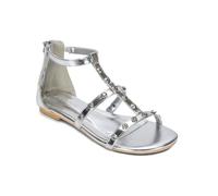 ESSEX GLAM Women's Gladiator Sandals Ladies Silver Diamante Studded Strap Flat T-Bar Ankle Strap Summer Walking Shoes Size 8