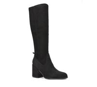 ESSEX GLAM Women's Knee High Boots Block Mid Heel Stretch Calf Fit Black Faux Suede Zip Size 6