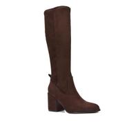 ESSEX GLAM Women's Knee High Boots Block Mid Heel Stretch Calf Fit Brown Faux Suede Zip Size 5