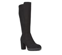 ESSEX GLAM Women's Knee High Boots Ladies Black Faux Suede Block High Heel Platform Elasticated Calf Leg Size 3