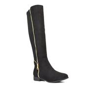 ESSEX GLAM Women's Knee High Boots Ladies Black Faux Suede Stretch Calf Leg Deco Zip Flat Low Heel Biker Riding Long Shoes Size 4
