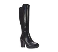 ESSEX GLAM Women's Knee High Boots Ladies Black Synthetic Leather Block High Heel Platform Elasticated Calf Leg Size 6