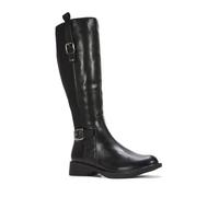 ESSEX GLAM Women's Knee High Boots Ladies Black Synthetic Leather Stretch Calf Leg Flat Low Block Heel Riding Biker Size 6