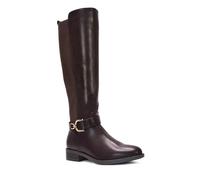 ESSEX GLAM Women's Knee High Boots Ladies Brown Synthetic Leather Buckle Flat Low Heel Elasticated Calf Leg Riding Shoes Size 4