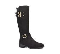 ESSEX GLAM Women's Knee High Boots Ladies Buckle Elasticated Flat Biker Riding Winter Black Faux Suede Calf Shoes Size 4