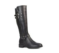 ESSEX GLAM Women's Knee High Boots Ladies Buckle Elasticated Flat Biker Riding Winter Black Synthetic Leather Calf Shoes Size 3