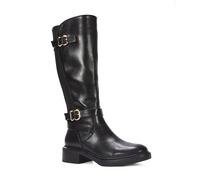 ESSEX GLAM Women's Knee High Boots Ladies Elasticated Black Synthetic Leather Chunky Riding Buckle Biker Booties Size 7