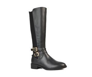 ESSEX GLAM Women's Knee High Boots Ladies Flat Low Heel Riding Style with Stretch Elastic Calf, Buckle and Zip