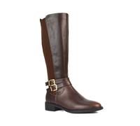 ESSEX GLAM Women's Knee High Boots Ladies Flat Low Heel Stretch Elastic Calf Leg Buckle Zip Tan Synthetic Leather Biker Riding Shoes Size 6