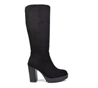 ESSEX GLAM Womens Knee High Boots Ladies Platform Block Heel Black Faux Suede Winter Biker Long Shoes Size 6