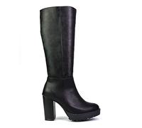 ESSEX GLAM Womens Knee High Boots Ladies Platform Block Heel Black Synthetic Leather Winter Biker Long Shoes Size 7