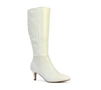 ESSEX GLAM Womens Knee High Boots Ladies Stiletto Low Mid Heels Pointed Toe Classic Pointed White Synthetic Leather Shoes Size 7
