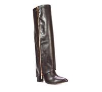 ESSEX GLAM Women's Knee High Fold Over Boots Ladies Zip Details Classic Brown Faux Leather Western Style Pointed Toe Long Shoes Size 4