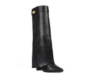 ESSEX GLAM Women's Knee High Foldover Boots Ladies Black Faux Leather Block Heel Point Toe Size 3-8
