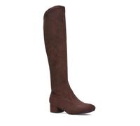 ESSEX GLAM Women's Knee High Stretch Calf Leg Ladies Brown Faux Suede Block Low Heel Shoes Size 3