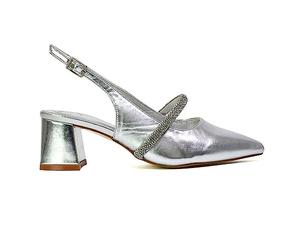 ESSEX GLAM Womens Low Heel Bridal Shoes Ladies Pull On Slingback Diamante Strap Silver Wedding Party Pointed Toe Courts Pumps Size 6