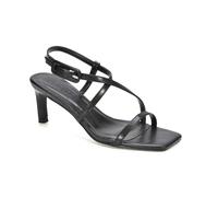 ESSEX GLAM Women's Low Stiletto Heel Sandals Ladies Square Toe With Adjustable Strap Black Synthetic Leather Shoes Size 7