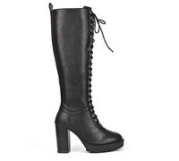 ESSEX GLAM Womens Platform Block Heel Knee High Boots Ladies Black Lace Up Heeled Biker Combat Long Winter Shoes Size 3-8