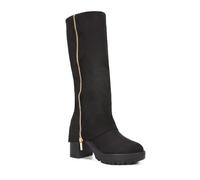 ESSEX GLAM Women's Side Zip Fold Over Boots Ladies Black Faux Suede Layered Knee High Platform Chunky Sole Size 7