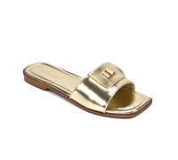 ESSEX GLAM Women's Slip On Flat Sandals Ladies Square Toe Comfy Foldover Buckle Synthetic Leather Summer Slides Shoes Size 4-8