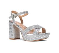 ESSEX GLAM Women's Sparkly Rhinesone Platform Sandals Ladies Ankle Strap Silver Glitter High Block Heel Party shoes Size 6