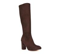 ESSEX GLAM Women's Stretch Knee High Boots Ladies Block Heel Elasticated Calf Brown Faux Suede Long Shoes Size 6