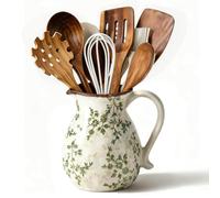 ESSGUO Ceramic Utensil Holder,Ceramic Utensil Crock for Countertop, Vintage Kitchen Counter Decor,Country Style Green Floral Large Cooking Utensil Crock for Kitchen Counter,Dinning Table