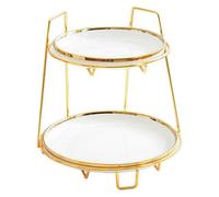 ESSMOKO Cake Stand Ceramic Multi Layer Fruit and Snack Tray Set for Afternoon Tea Pastries and Desserts White Round Plate 2 Layers