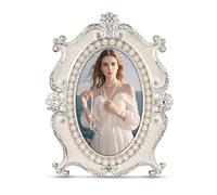 Essovee Vintage Picture Frames 4x6,Metal Vintage Photo Frame,Oval Photo Frame with Crystal and Pearl Decoration,HD Glass, Suitable for Elegant Home Decor Memory Keepsake Display Gift,White
