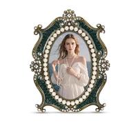 Essovee Vintage Picture Frames 4x6,Metal Vintage Photo Frame, Oval Photo Frame with Crystal and Pearl Decoration,HD Glass, Suitable for Elegant Home Decor Memory Keepsake Display Gift,Green
