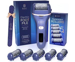 Essy Electric Foot File Rechargeable Waterproof with 5 Replacement Rollers for Women's, Men's Smooth Feet, Cordless Callus Remover, 2 Speeds, LED Display, USB Charging, Pressure-Lock Safety (Navy)