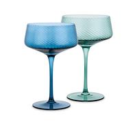 EST 2012 UBERSTAR BARWARE & GIFTS Coloured Vintage Style Ribbed Champagne Coupe Cocktail Glasses Set of 2 (Blue/Green)