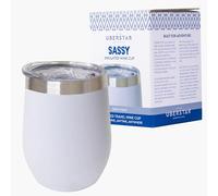 EST 2012 UBERSTAR BARWARE & GIFTS Sassy Stainless Steel Insulated Travel Wine Tumbler/Hot or Cold Drinks/Double Walled Cup 350ml / Cup with Lid Wine Water Coffee Cocktails (White)