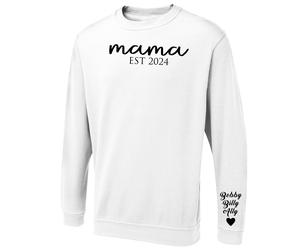EST Year Mama Sweatshirt with Kids Name on Sleeve, Personalised Mum Sweatshirt