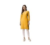 Estationeryhouse Chikankari Cotton Indian Kurti with Lining For Women Summer Dress Kurta Long Sleeve with Sequins work on Front and Back (No Bottoms Included) (M(40), Mustard)