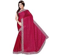 Estationeryhouse Designer Georgette Saree with Shimmer Stripes, Swarowski Work, Large Border, Sticthed Blouse (Hot Pink)