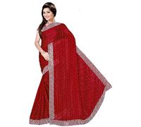 Estationeryhouse Designer Georgette Saree with Shimmer Stripes, Swarowski Work, Large Border, Sticthed Blouse (Red)