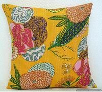 Estationeryhouse Hand stitched vintage Kantha cushion cover | Indian cushion cover | boho cushion | throw pillow (Yellow)