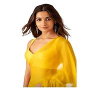Estationeryhouse Plain Georgette Saree with Unstitched Blouse Piece, Free Size, Classic Style, Adult Women (Yellow)