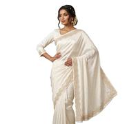 Estationeryhouse Satin Saree with Swarovski Crystal Stone Work, Readymade Blouse, Standard Size (White)