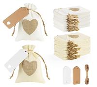 estcoo 30 Jute Bags Heart for Filling, 10 x 14 cm Hessian Bags with Drawstring + 30 Cards + 10 m Hemp Rope, Reusable Gift Bags Jute Bag for DIY Christmas Easter Wedding Thanksgiving 2 Colours