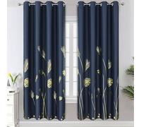 Estelar Textiler Navy Blue and Gold Blackout Curtains with Palm Tree Wheat Pattern Light Blocking Room Darkening Window Curtain Panels for Living Room Bedroom, Navy Blue, 52Wx72L, 2 Panels