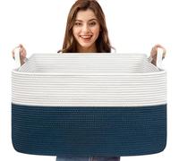 Esteopt Extra Large 65L Foldable Storage Baskets with Handles - Heavy Duty Cloth Organizer Box for Toys, Blankets, Seasonal Clothes - Collapsible Space Saving Design (55x38x30cm) (White Blue)