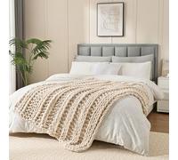 Esterra Chunky Knit Blanket Throw, 100% Handmade Chenille Throw Blanket 40"x50", Soft Thick Yarn Cable Knit Crochet Throw Blanket Rope Knot Throw for Couch Bed Sofa, Apricot White