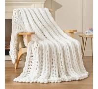 Esterra Chunky Knit Blanket Throw, 100% Handmade Chenille Throw Blanket 40"x50", Soft Thick Yarn Cable Knit Crochet Throw Blanket Rope Knot Throw for Couch Bed Sofa, Bright White