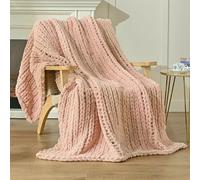 Esterra Chunky Knit Blanket Throw 40"x50", 100% Hand Knitted Chenille Throw Blanket, Cozy Soft Thick Cable Knit Throw Large Rope Knot Crochet Throw Blanket for Sofa Couch Bed, Dusty Pink