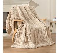 Esterra Chunky Knit Blanket Throw 50"x60", 100% Hand Knitted Chenille Throw Blanket, Cozy Soft Thick Cable Knit Throw Large Rope Knot Crochet Throw Blanket for Sofa Couch Bed, Sandshell/Oatmeal
