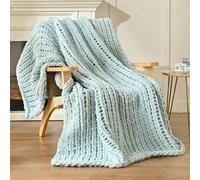Esterra Chunky Knit Blanket Throw 50"x60", 100% Hand Knitted Chenille Throw Blanket, Cozy Soft Thick Cable Knit Throw Large Rope Knot Crochet Throw Blanket for Sofa Couch Bed, Sky Blue