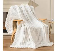 Esterra Chunky Knit Blanket Throw 60"x80", 100% Hand Knitted Chenille Throw Blanket, Cozy Soft Thick Cable Knit Throw Large Rope Knot Crochet Throw Blanket for Sofa Couch Bed, Snow White